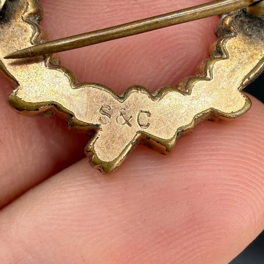 Vintage Victorian Brooch Gold Filled Floral Wreath Scroll Scalloped Edge